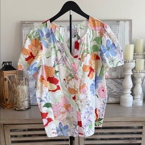 Sugar Floral V-Neck Blouse in White with Red, Orange, Pink, Blue and Green